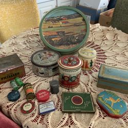 Lot of 16 Vintage Tins & Canisters – Decorative, Medical, Tobacco, Typewriter, Candy & More