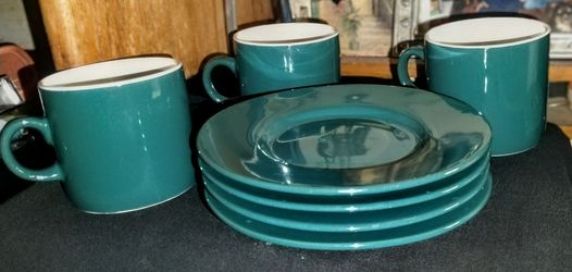 Vintage Sakura "Jewel Stone" Forest Green Mug & Saucer Set 7 Pieces ( 3 mugs 4 saucers)