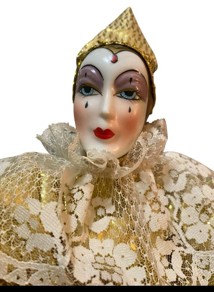 Rare- Porcelain Harlequin Clown Costume And DollRare- Porcelain Harlequin Clown Costume And Doll