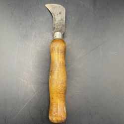 Vintage Hawkbill Linoleum Knife - 7" Hooked Blade Wood Handle Flooring Tool