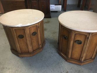 2 Round Accent Side Table Cabinets - Stone and Wood Pair #171