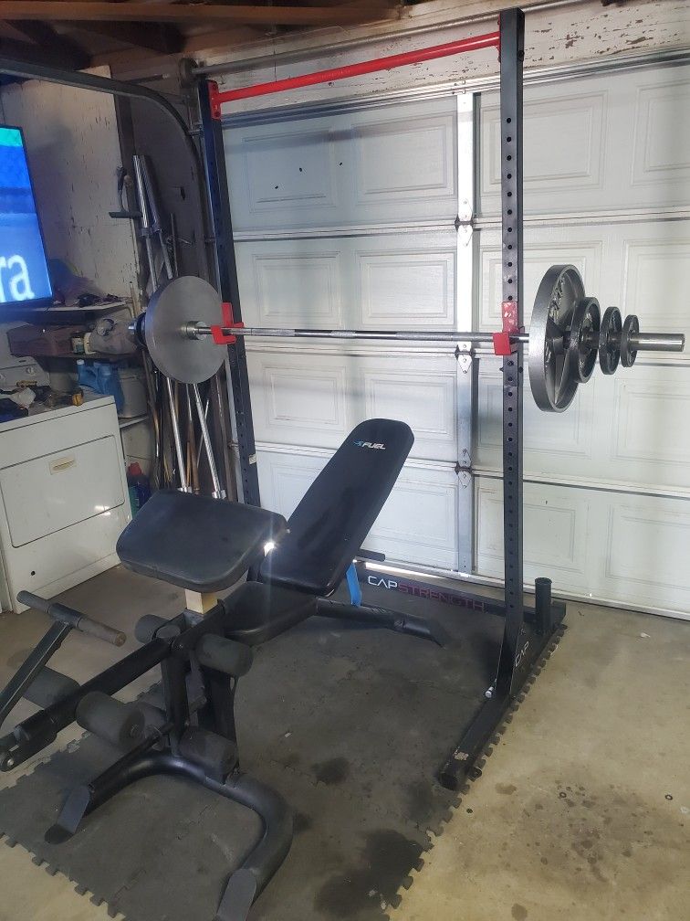 Olympic Squat Rack With Pull up Bar, Adjustable Bench, Weights &Bar 170lbs all together read Description Below 