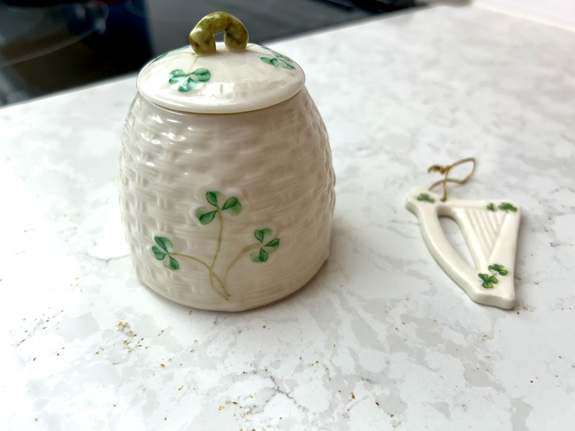 Beleek Small Lidded Jar and Harp Ornament From Ireland