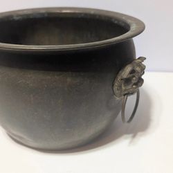 Antique Brass Cauldron with Foo Dog Handles – 10″ Jerusalem Lustre Pot
