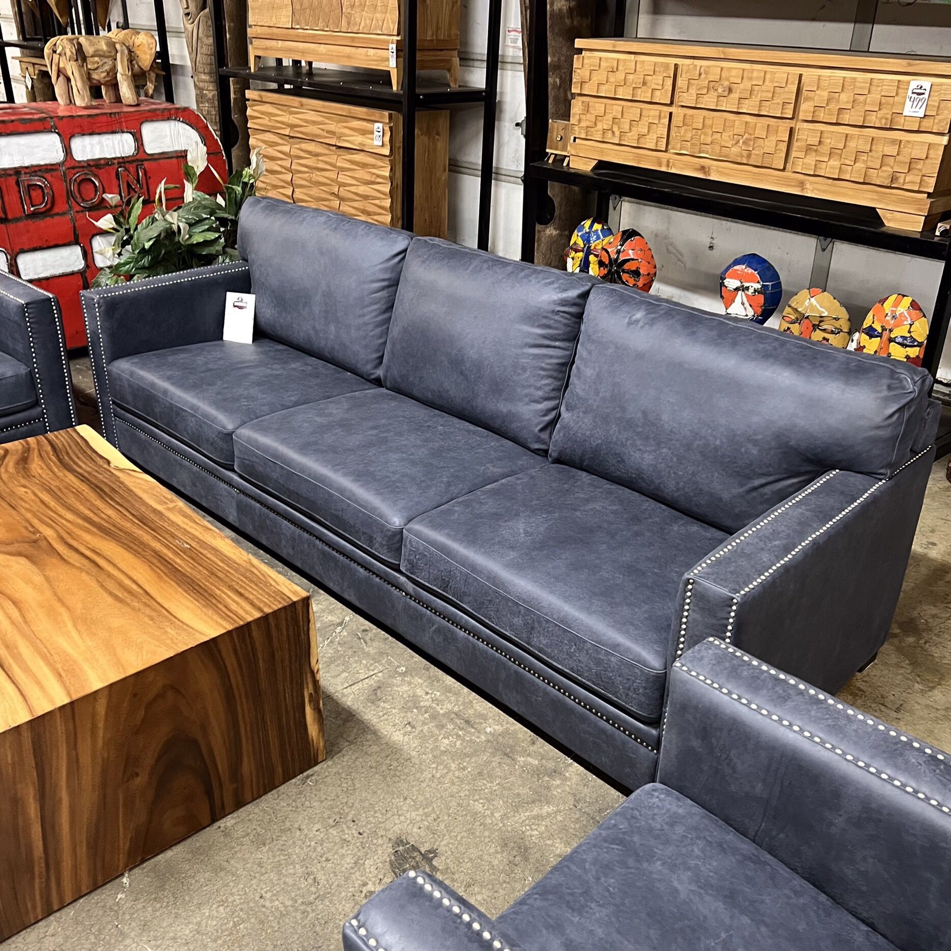 Sale! Blue Top Grain Leather Sofa With Nailhead Accents - Havana