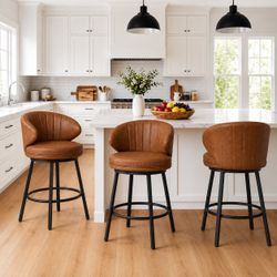Set of 3 Brown Swivel Counter Height Bar Stools – 26” Upholstered Chairs