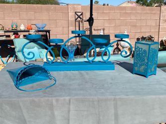 3pc Set Turquoise Teal Blue Metal Garden Backyard Decor Candleholders Hanging Wall Pocket Planter