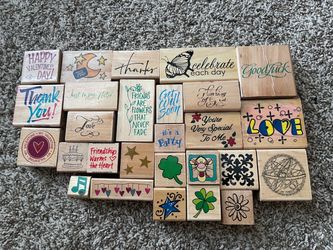 Lot of 27 Wood Mounted Rubber Stamps