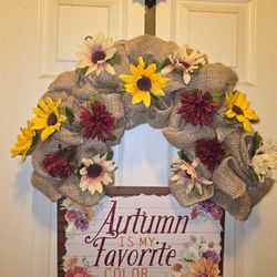 Autumn Wreath with Flowers and Burlap