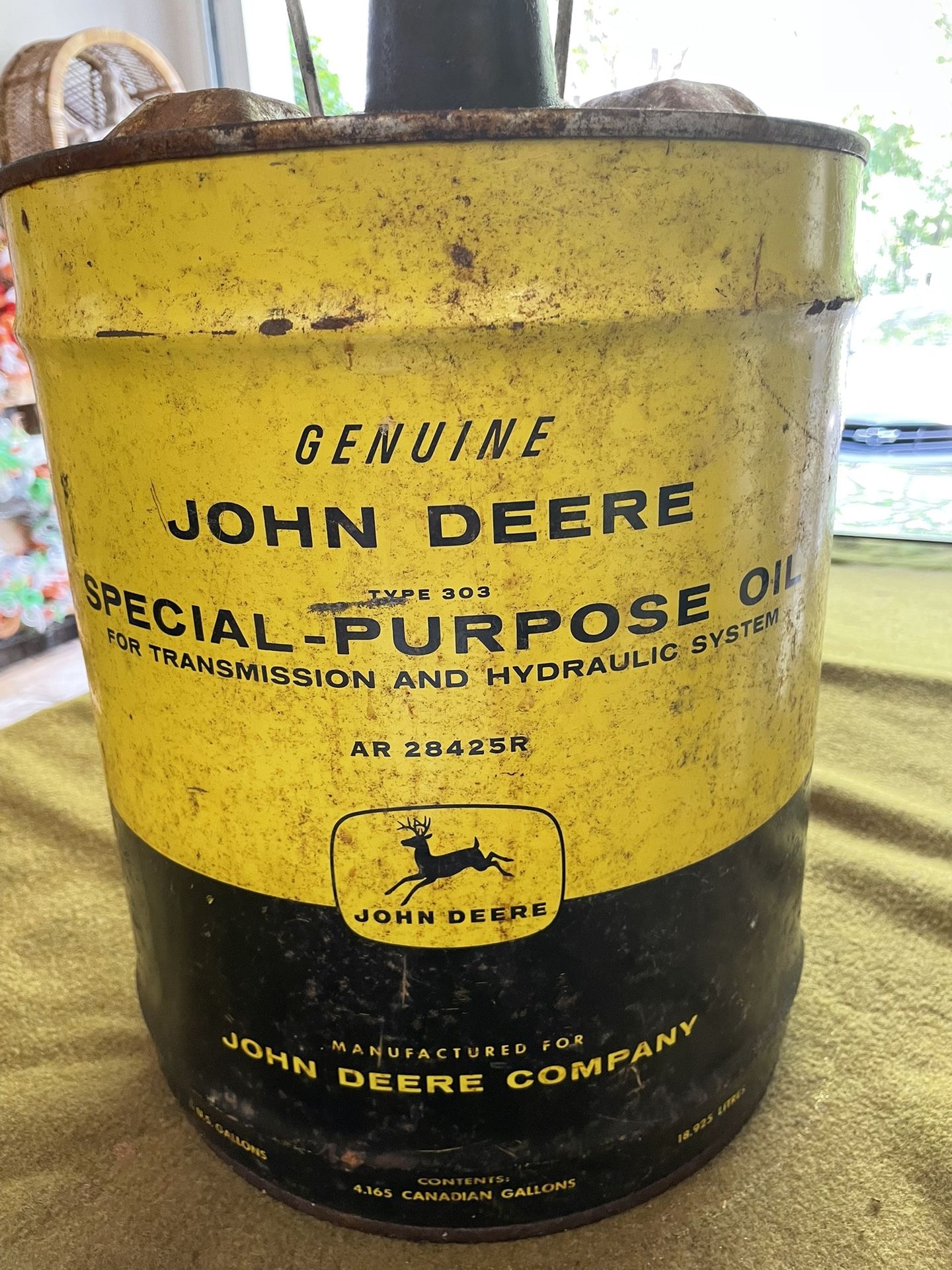 Vintage John Deere 5 gallon oil can 1966 The deer has 4 legs Original shipping tag to Durham Farm Equipment with lids NICE