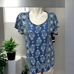 NWT Lucky Brand Blue Short Sleeve Large Paisley Print Top Shirt Tunic M