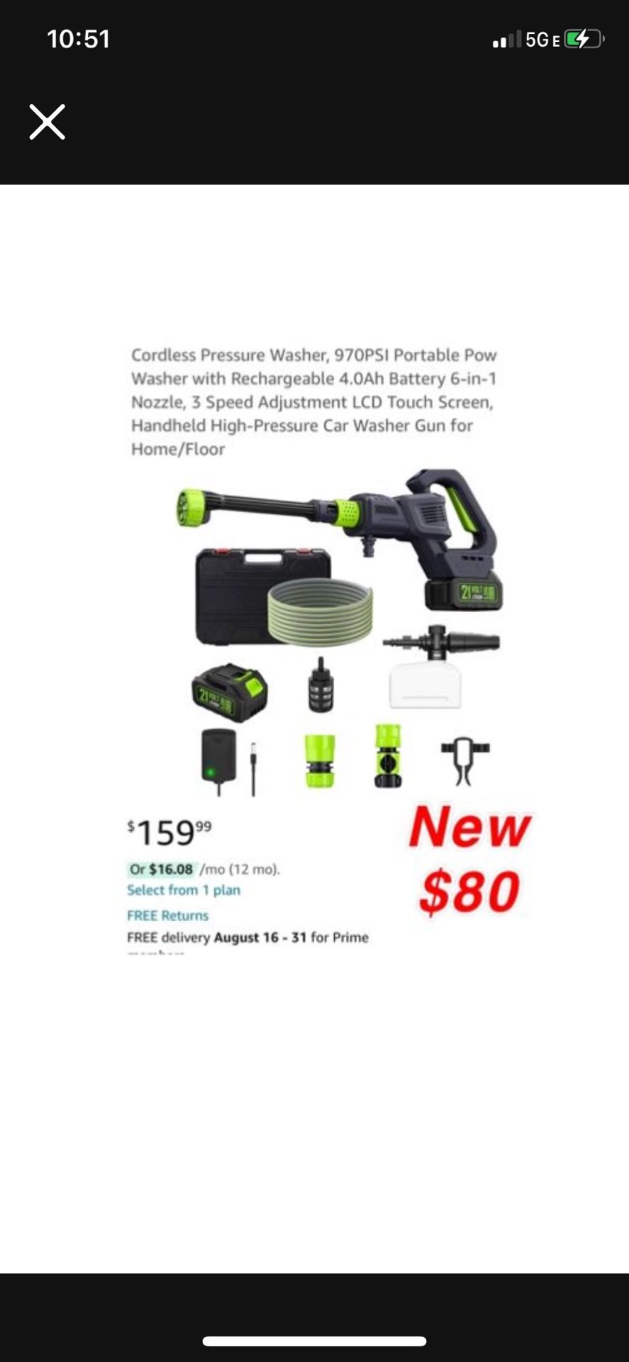 New Cordless Pressure Washer, 970PSI Portable Power Washer with Rechargeable 4.0Ah Battery 6-in-1 Nozzle, 3 Speed Adjustment LCD Touch Screen,$80