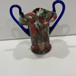 Vintage Hand Blown Art Glass Vase With Cobalt Blue Handles & Multi Colored    with Crimped Ruffle Rim. 5.5 Inches Tall