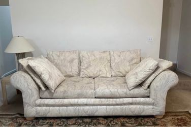 Cream Floral Fabric Sofa set with Pillows, side tables and lamps