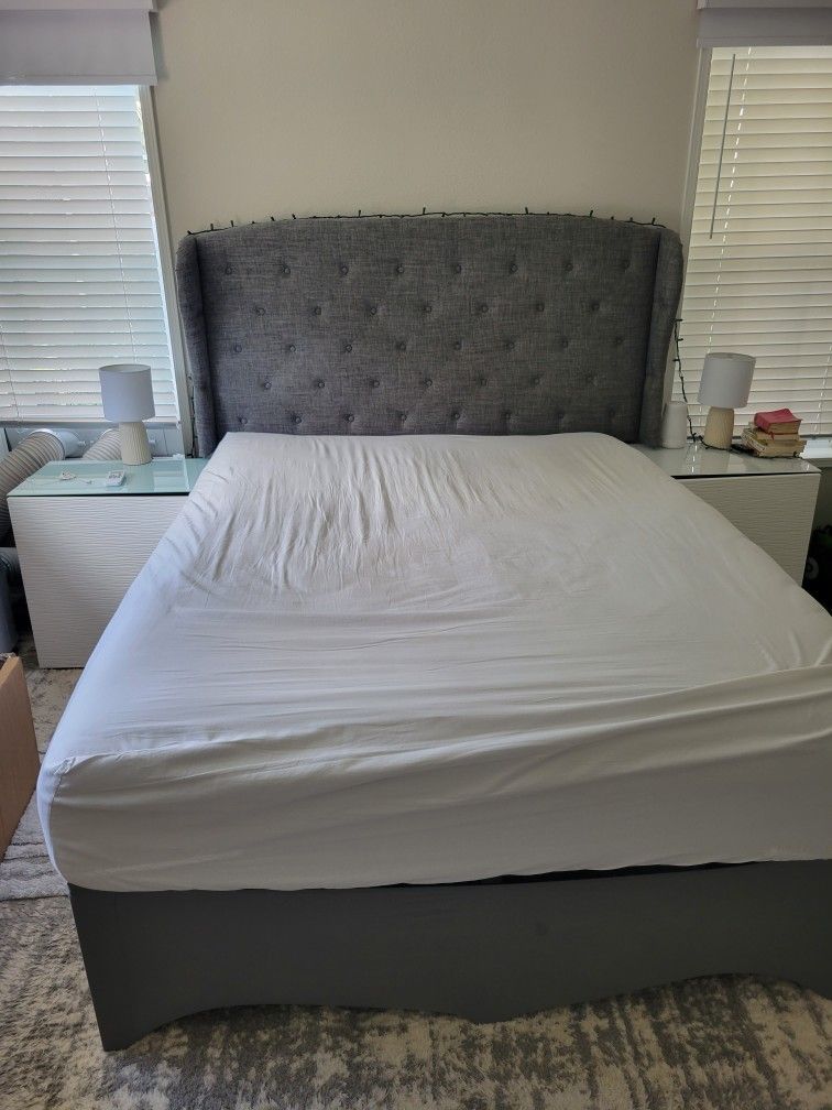 Gray Upholestered Wing Queen Bed Frame with Extra Storage Space