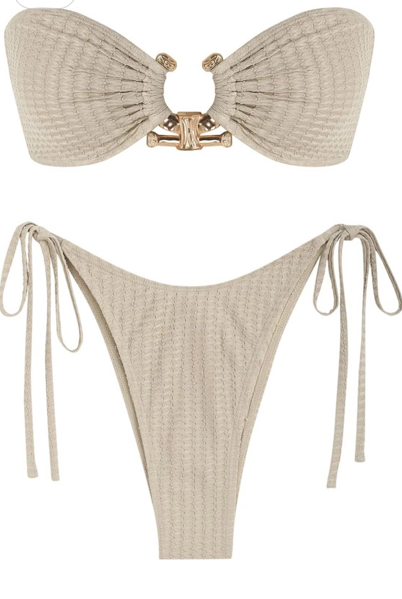 ZAFUL Metal Ring Shimmery Beige Bandeau Bikini High Cut Tie Side 2 Piece Large