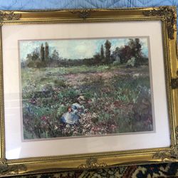 Vintage Painting Under Glass Beautifully Framed  23x19 “ Girl Picking Flowers