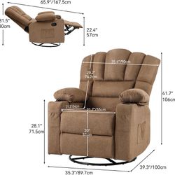 Manual Swivel Rocking Recliner Chair for Elderly, Swivel Glider Rocker Recliner Chair with 2 Cup Holders, Side Pockets for Living Room and Bedroom, Br