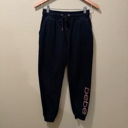Women’s Small Bebe Sport Black Rose Gold Logo Jogger Sweat Pants