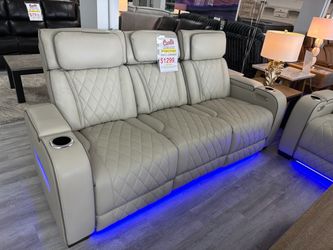 Gray Leather Power Recliner Sofa Set with LED