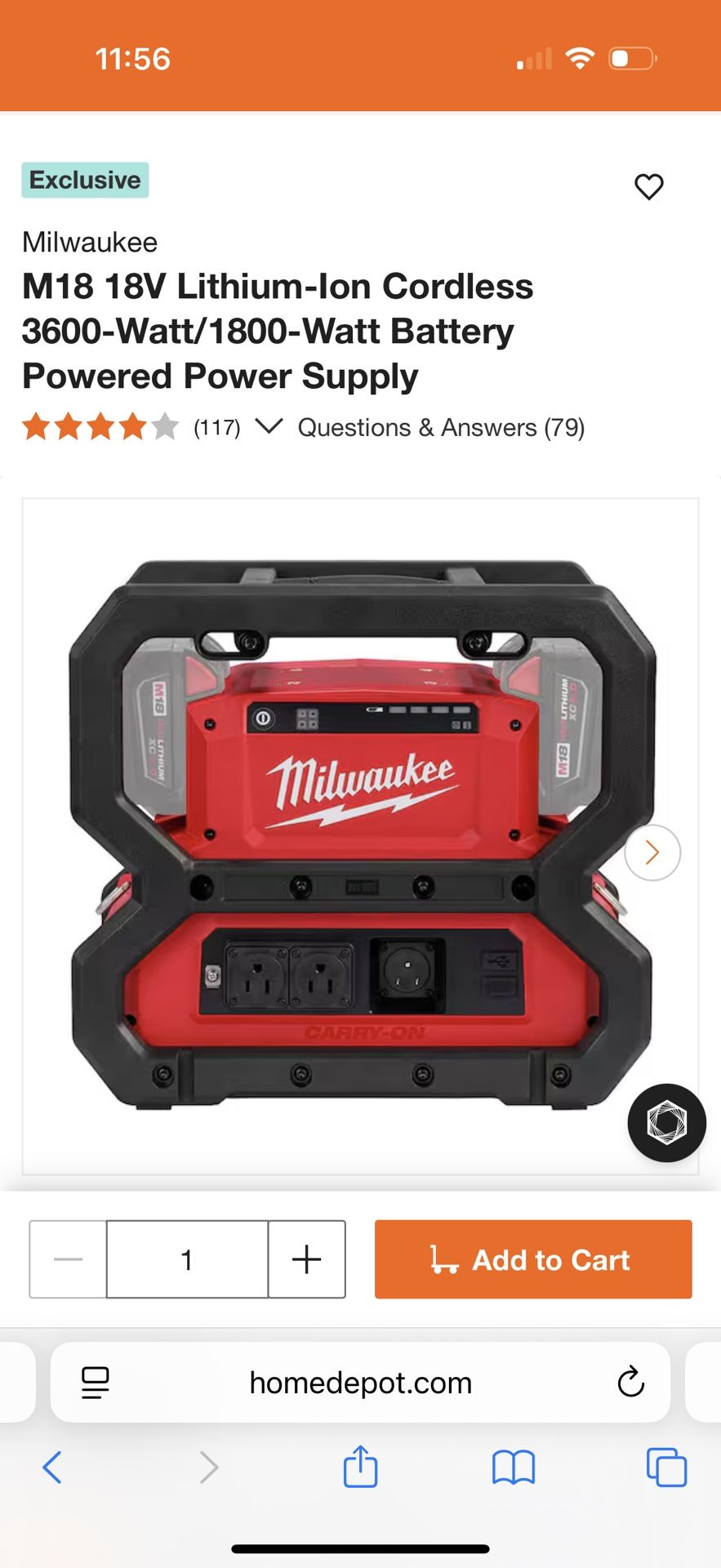 M18 18V Lithium-lon Cordless 3600-Watt/1800-Watt Battery Powered Power Supply