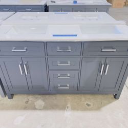 Brand New Beautiful Bathroom Vanity in Marine Gray “60” double sink, Soft Close Solid Wood, 5 drawers and 4 doors and electrical outlets included