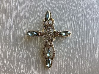 Beautiful Baroque Golden Cross W/ Slate Blue Faux Crystals & Light Topaz Rhinestones 