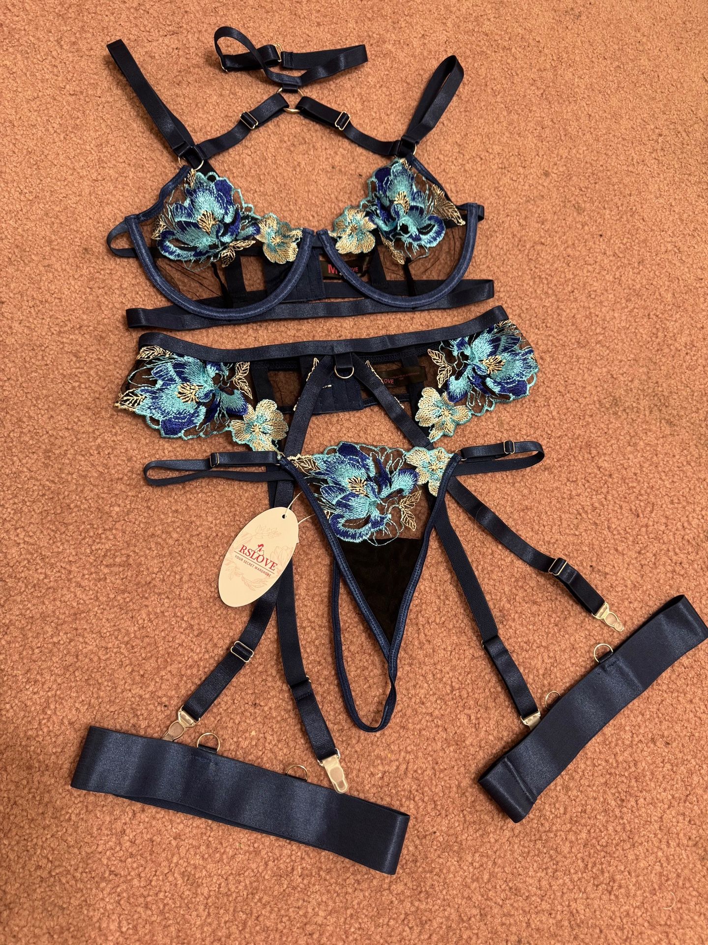 New medium black blue floral sheer lace festival lingerie panty set rave garter