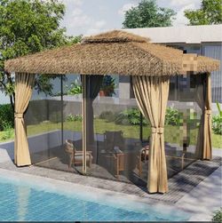10x12 FT patio gazebo with plastic tiki cover and aluminum frame with mosquito net