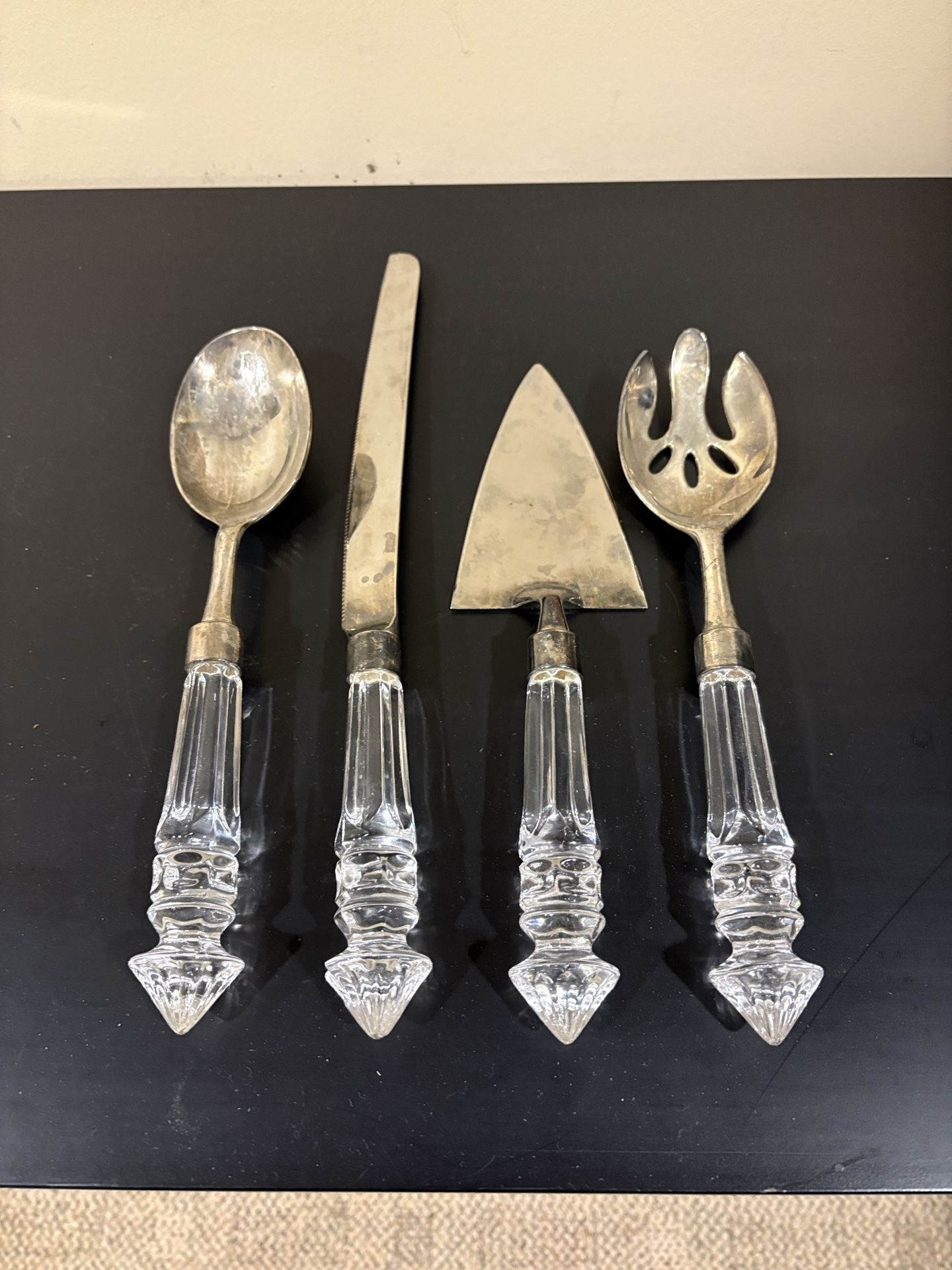 Crystal & Stainless Steel Cake Server, Knife, And Serving Spoons