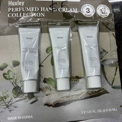 Huxley Perfumed Hand Cream featuring three different scented tubes.
