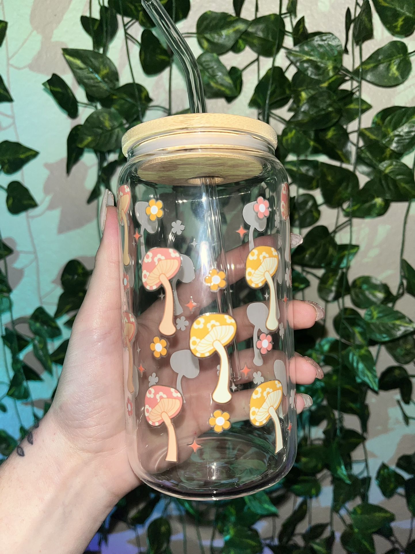 Mushroom and Flower Glass Cup 16 oz with Straw, Lid, and Straw Cleaner!
