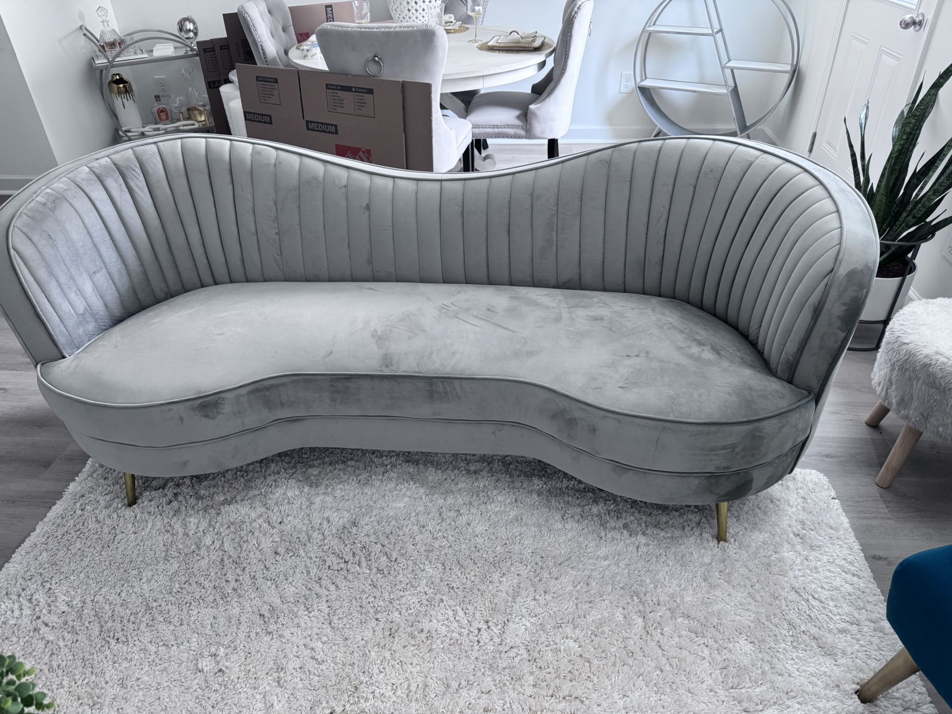 Sophia Gray Camel Back Couch With Gold Legs