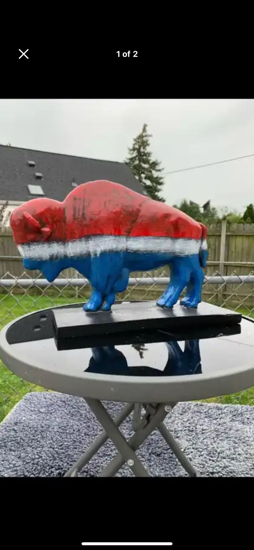 The red white and blue buffalo statue