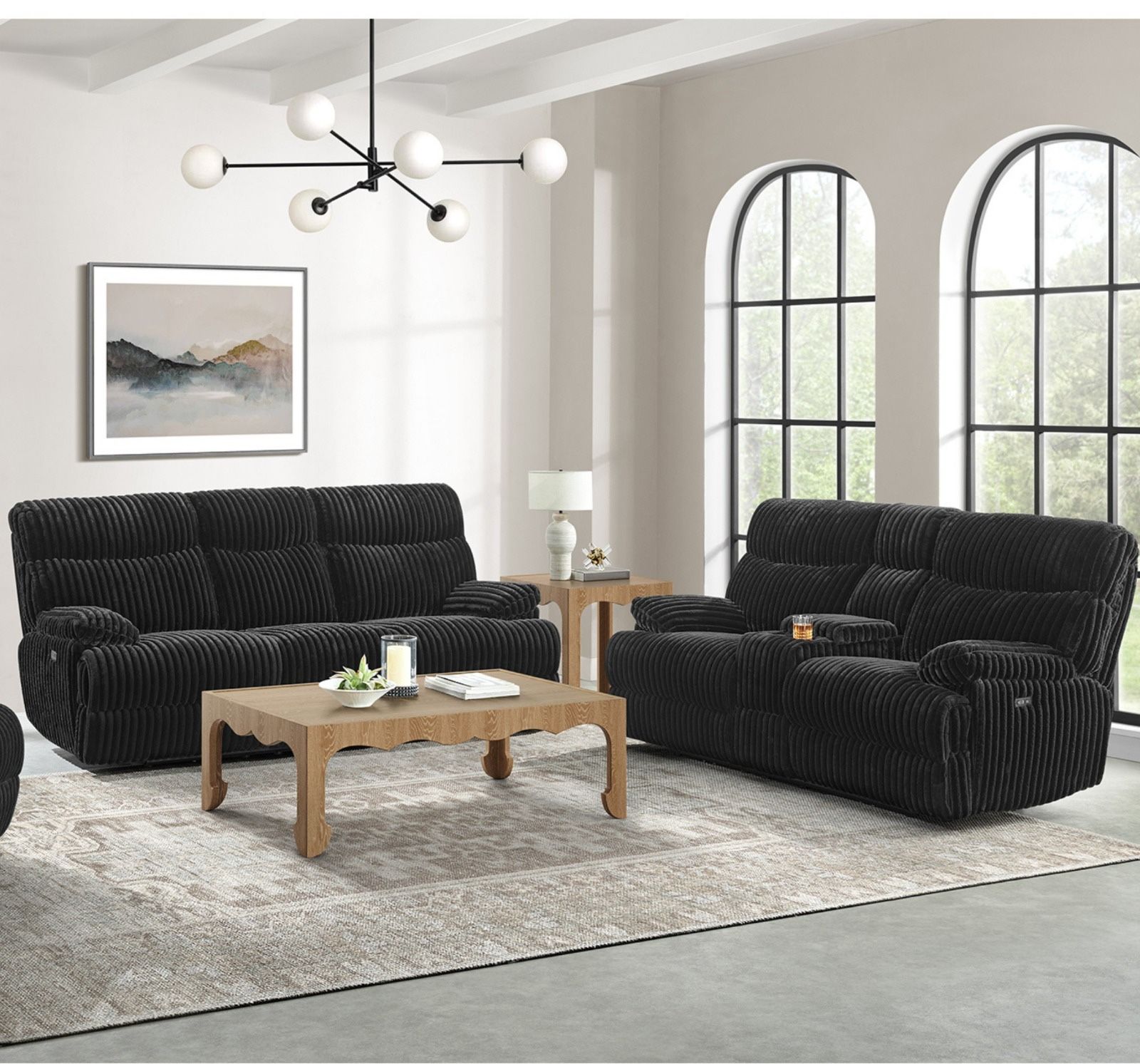 The Admiral Black Corduroy Line Ribbed Soft Sofa and Loveseat