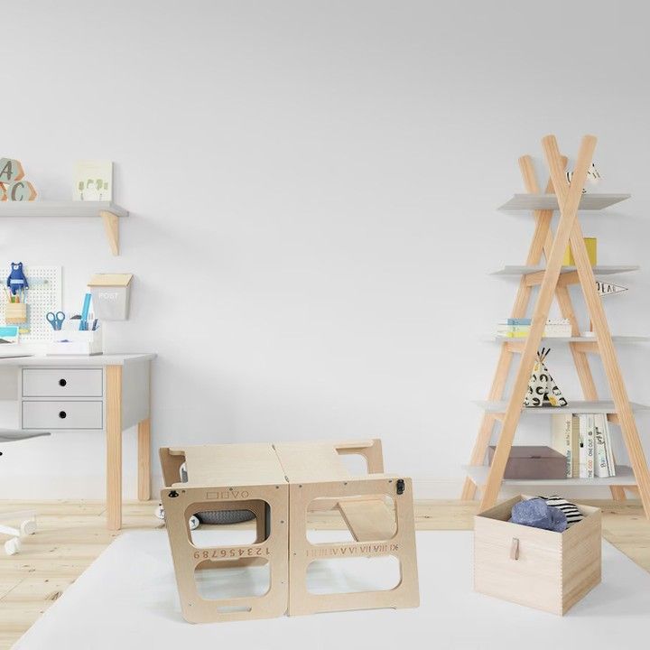 Montessori Helper Tower - Toddler Kitchen Stool Table And Chair All-In-One, Learning Tower With Blackboard, Numbers And Shapes