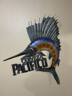 CERVEZA PACIFICO BEER HANGING BRUSHED METAL AND STAINED GLASS SAIL FISH SIGN