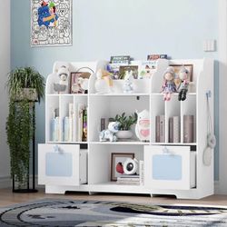 Toy Storage Organizer, 46'' Toy Shelf, Bookshelf with White and Blue Bookcase & 2 Storage Cubbies