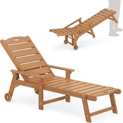 Outdoor Chaise Lounge, HDPS Chaise Lounger, Pool Lounge Chair with Wheels, Teak Color