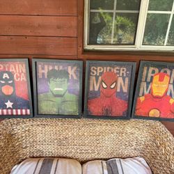 4 Superhero pictures on wooden board wall decor  $15 for one, $50 for all four