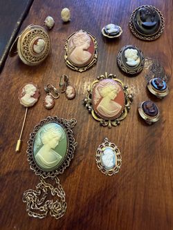 Vintage cameo collection of pendants, earrings, locket, pin