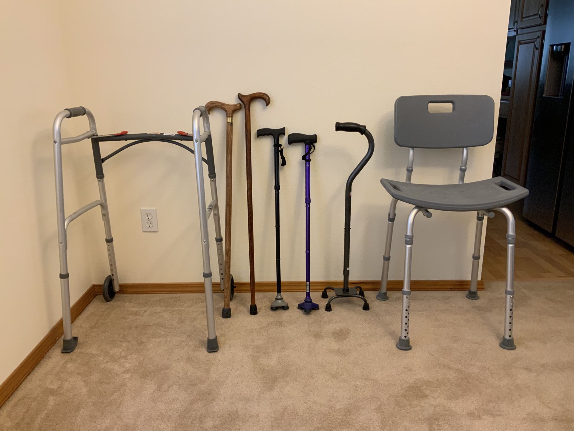 Walker, shower chair & 5 canes