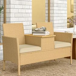 PATIO RATTAN LOVESEAT W/BUILD IN TABLE  REMOVABLE COVER CUSHIONS INCLUDED WATER-RESISTANT NEW