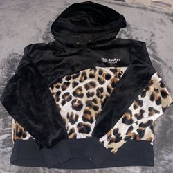 Justice Girls J-Sport Velour Hoodie Black Leopard Print Top Sz M Cozy Soft