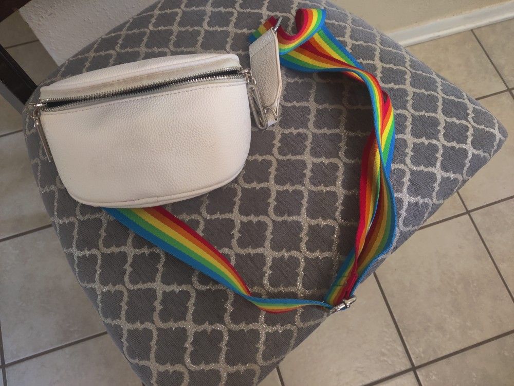 White Fanny Pack With Rainbow Strap