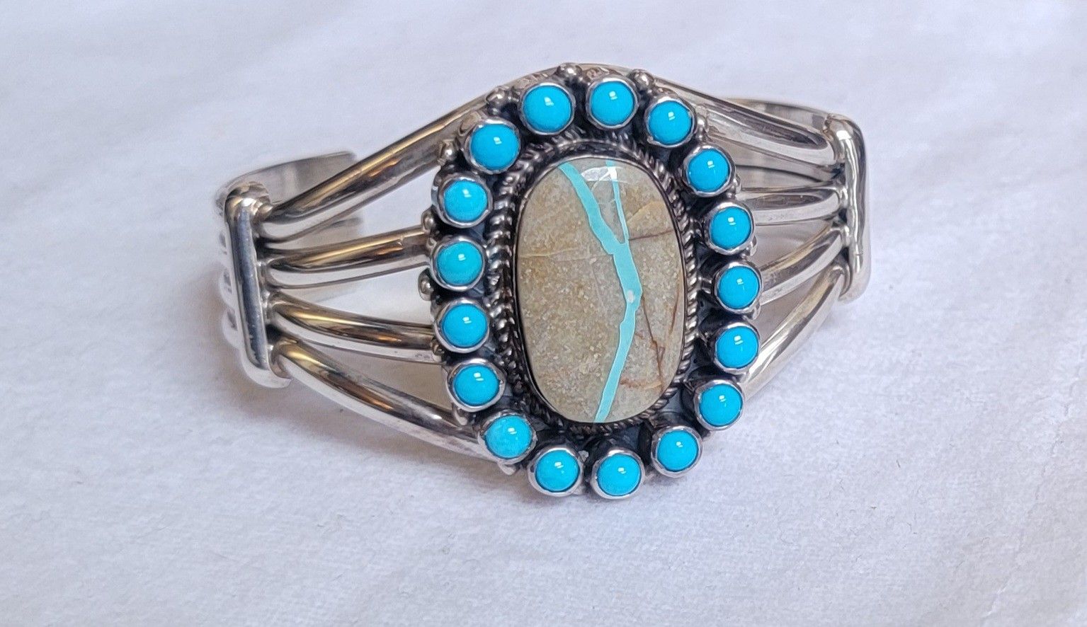 JOHNSON LARGO JL NATIVE AMERICAN NAVAJO STERLING SILVER TURQUOISE CUFF BRACELET