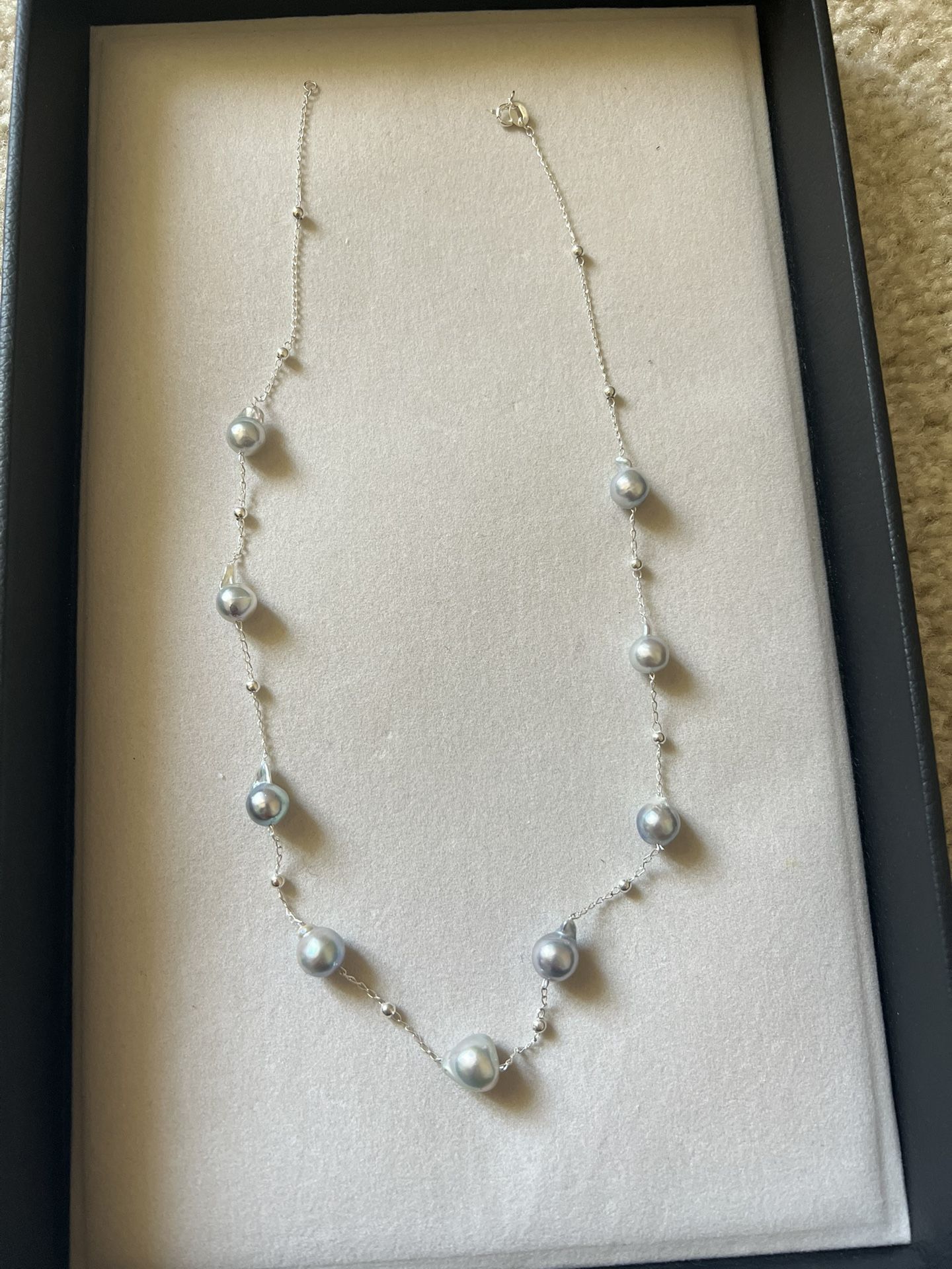 Japanese Akoya Sea Baroque Pearl Station Necklace Sterling Silver