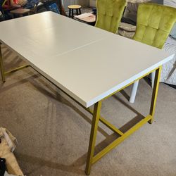 Luxury White Wood Dining/Lounge Table Set w/ Gold Frame & Center Support Rail - Modern Designer Olive Velvet Chairs (Set Of 4)