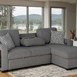 Gray Couch Sofa Sectional Pull-Out Sleeper Dropdown Table w/ USB
