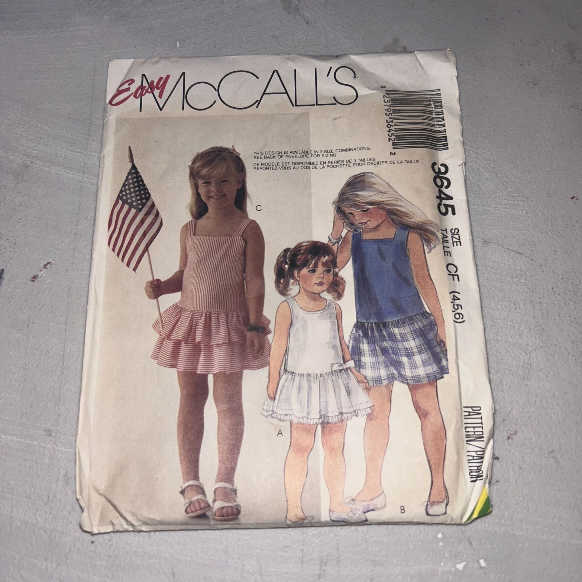 McCalls 3645 - Girls Dress - Drop Waist - Sundress - Easy - UNCUT - 80s Vintage Sewing Pattern